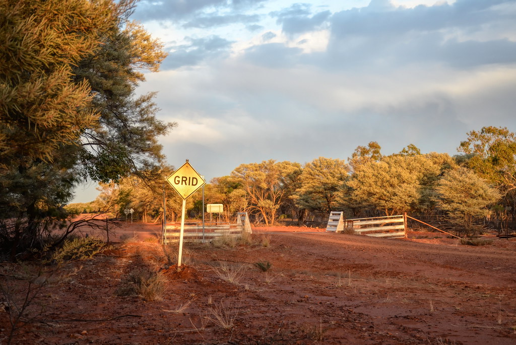 A cattle grid sign on a red dirt road in the Australian outback at dusk