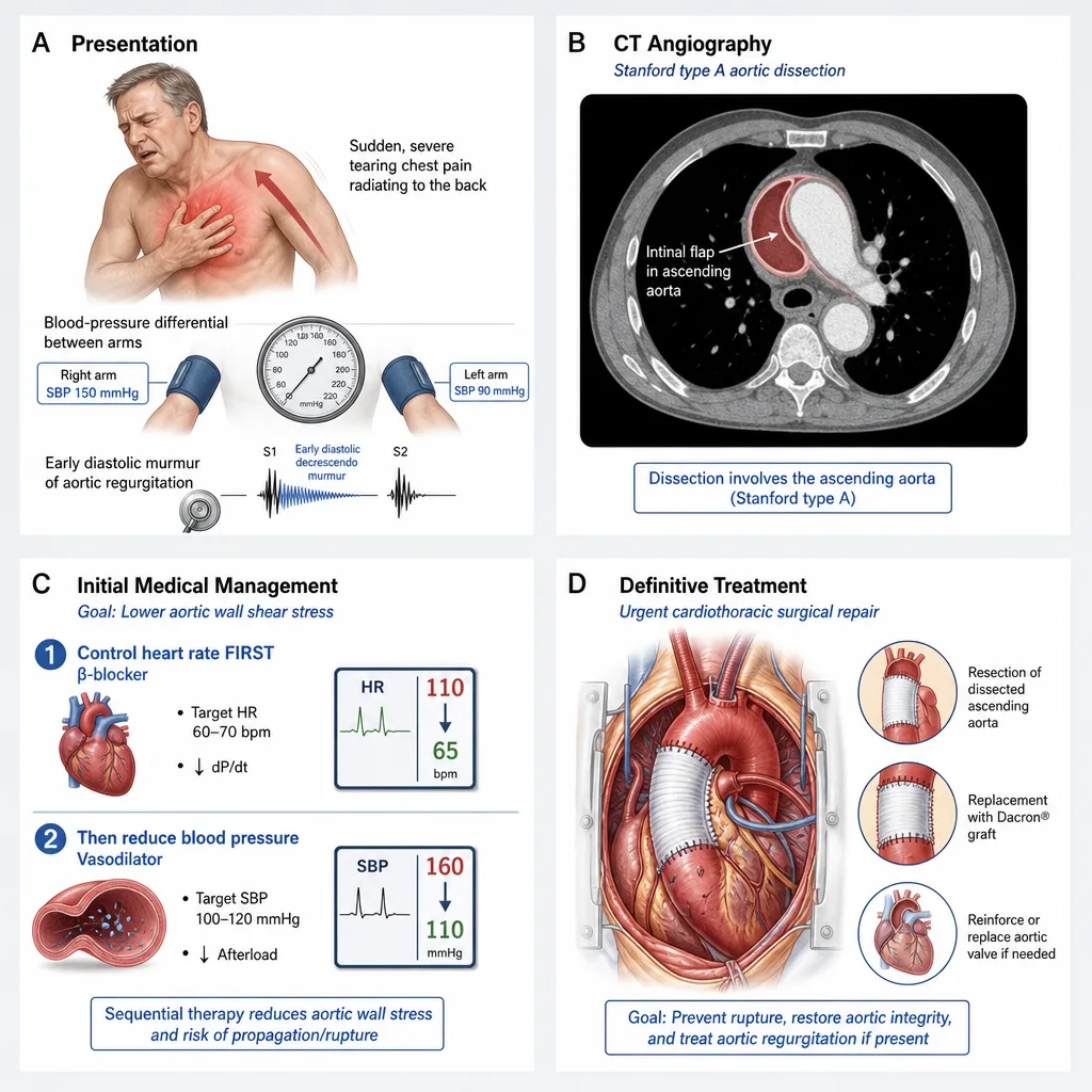MedQVault explanation card for aortic dissection: presentation, CT angiography, initial medical management, and definitive treatment on one panel